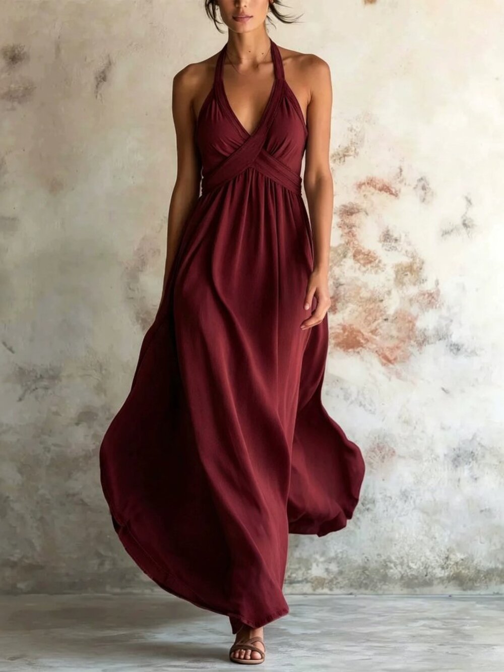 Sleeveless Wine Red A-Line Maxi Dress